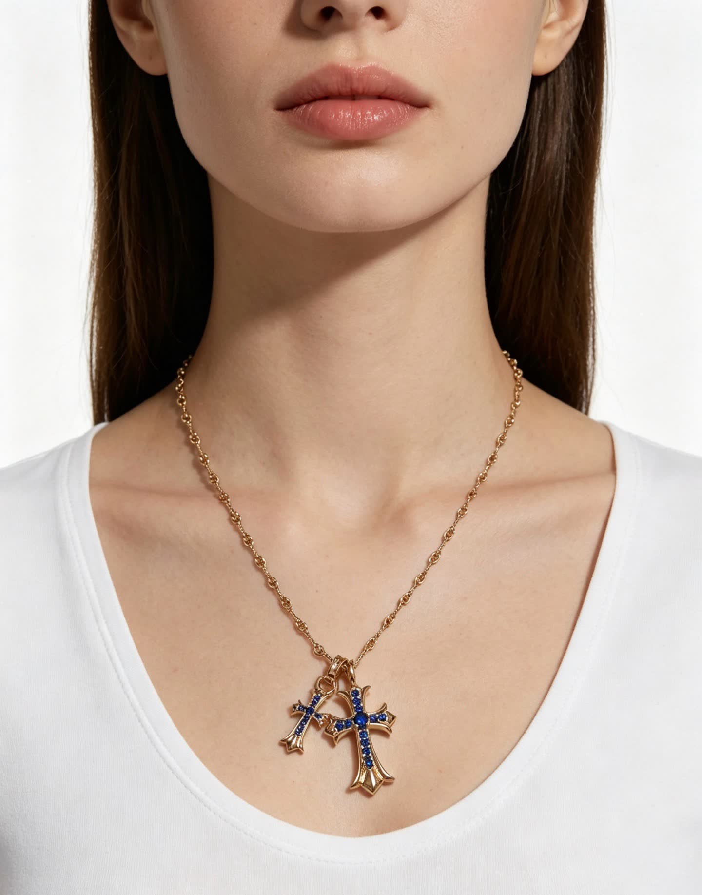Chrome Hearts Carrera Gold-Tone Blue Crystal Cross Pendant Necklace
